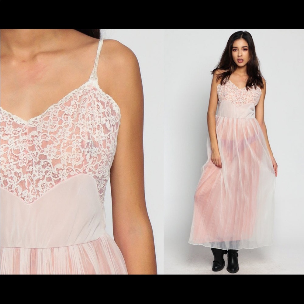 Pink Lingerie SHEER Nightgown 70s Lace Slip Dress Maxi PLEATED Vintage Medium